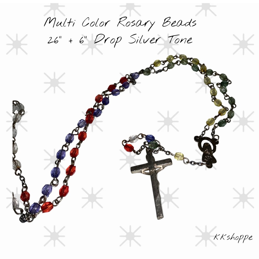 Vintage Multicolor Rosary 26"‎ +6" Drop Silver Tone Faceted Beads Catholic